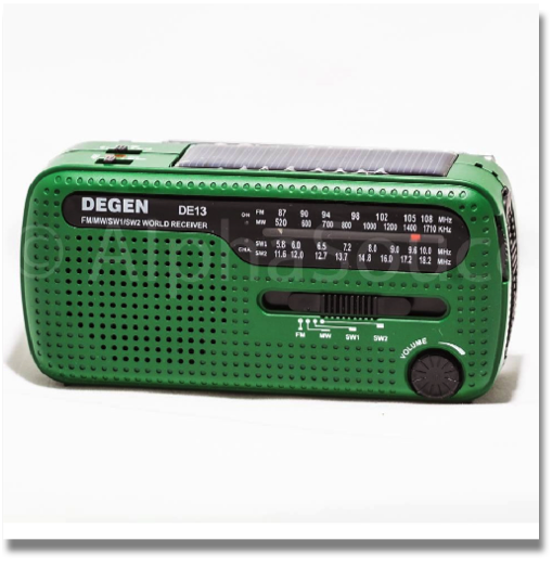 DEGEN DE13 CRANK DYNAMO
SOLAR EMERGENCY RADIO

FM-sterio, Dynamo cranking power for emergency, Tuning and charging LED lights, Flashlight with 3 white LED lights, Red LED light & alert sound, Stereo earphone jack, Cellphone charging USB jack, Solar panel